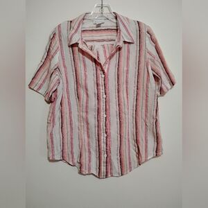 Liz Claiborne Pink & White Striped Button-Down Shirt Short Sleeves Linen Rayon S